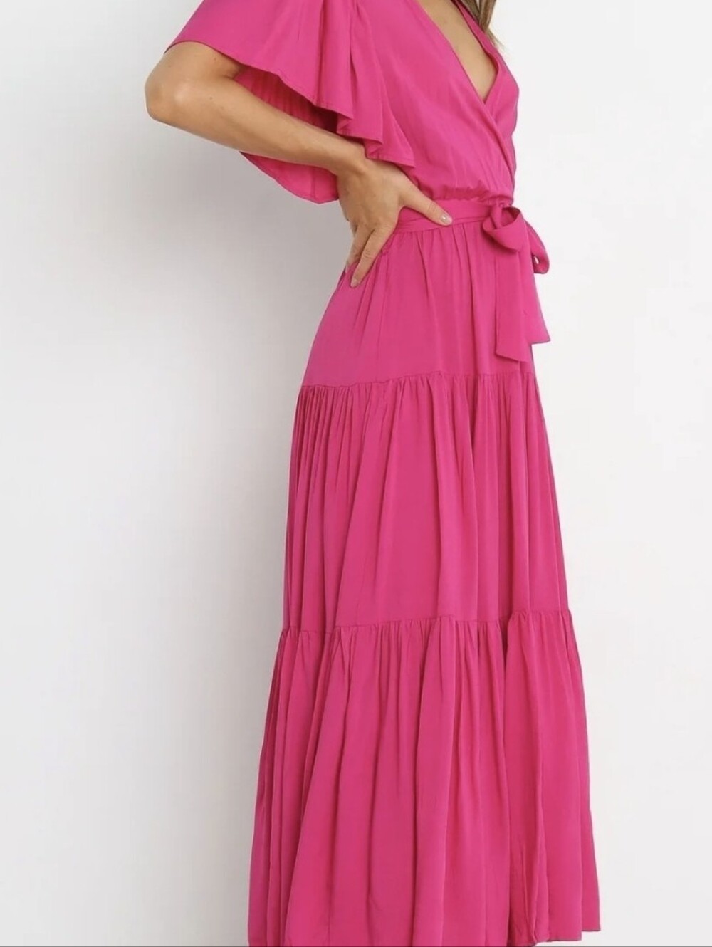 Petal & Pup Flutter Sleeve Wrap Midi Dress in Fuchsia - Picture 3 of 4